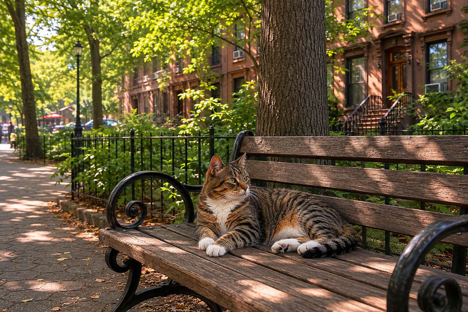 Cat sitting on a bench in New York